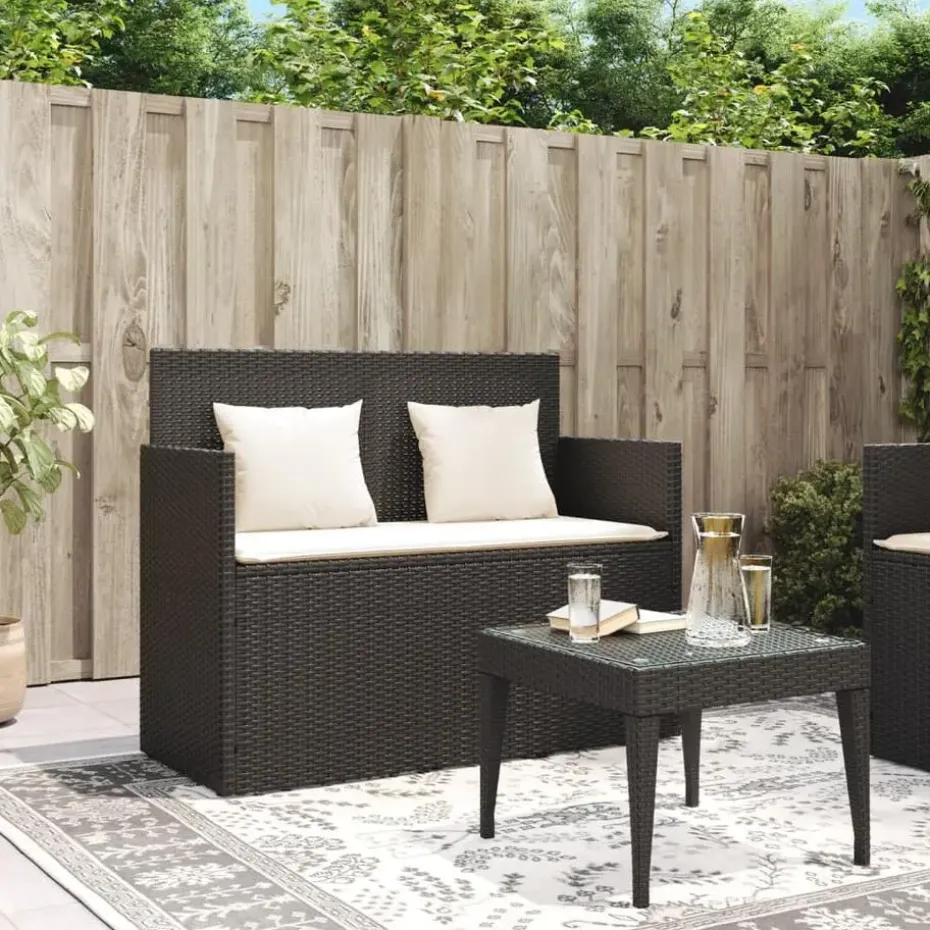 vidaXL - Tuinbank met crème kussens - Zwart poly rattan - 120x50x90.5 cm