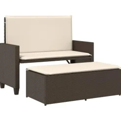 vidaXL - Tuinbank met kussens en voetenbank - Bruin - Poly rattan - 122x55x97 cm