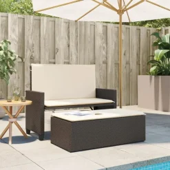 vidaXL - Tuinbank met kussens en voetenbank - Bruin - Poly rattan - 122x55x97 cm