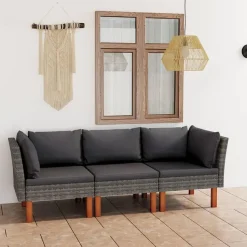 vidaXL - Tuinbank 3-sits - Grijs - Rattan - Met kussens