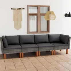 vidaXL - Tuinbank 4-sits - Grijs - Poly rattan -Met kussens