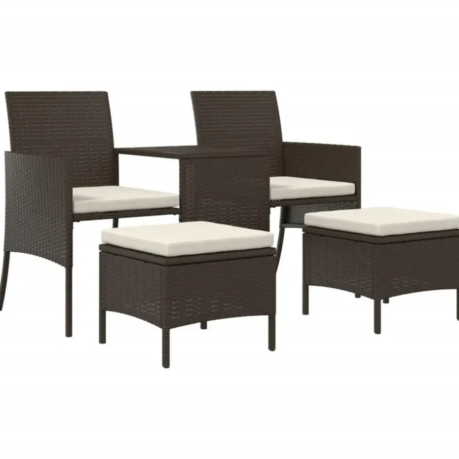 vidaXL - Tuinbank tweezits - Bruin - Poly rattan - Met tafeltje en krukken