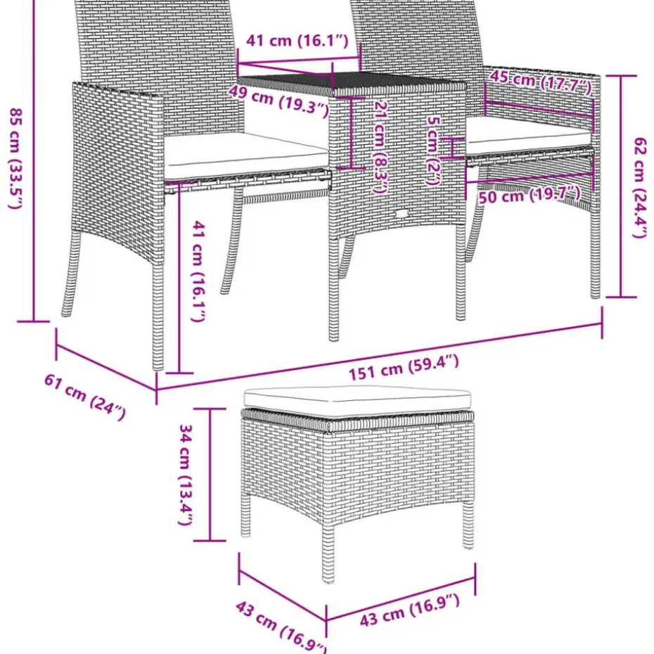 vidaXL - Tuinbank tweezits - Bruin - Poly rattan - Met tafeltje en krukken