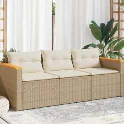 vidaXL - Tuinbank 3-zits - Beige - Poly rattan - Met kussens