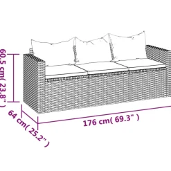 vidaXL - Tuinbank 3-zits - Grijs - Poly rattan - Met kussens