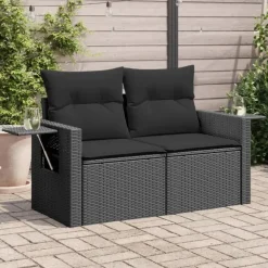 vidaXL - Tuinbank 2-zits - Zwart - Poly rattan - Met kussens