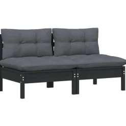 vidaXL - Tuinbank 2-zits - Zwart - Grenenhout - Met antraciet kussens