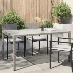 vidaXL - Tuintafel - Grijs - Gehard glas en poly rattan - 150 x 90 x 75 cm