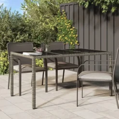 vidaXL - Tuintafel - Grijs - Gehard glas en poly rattan - 150 x 90 x 75 cm
