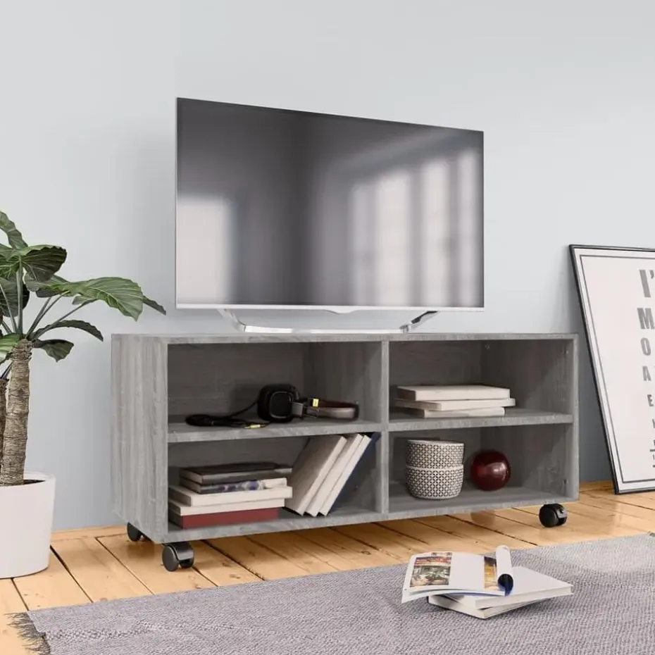 vidaXL - TV-meubel met wieltjes en 4 vakken - Grijs - Bewerkt hout - 90 cm