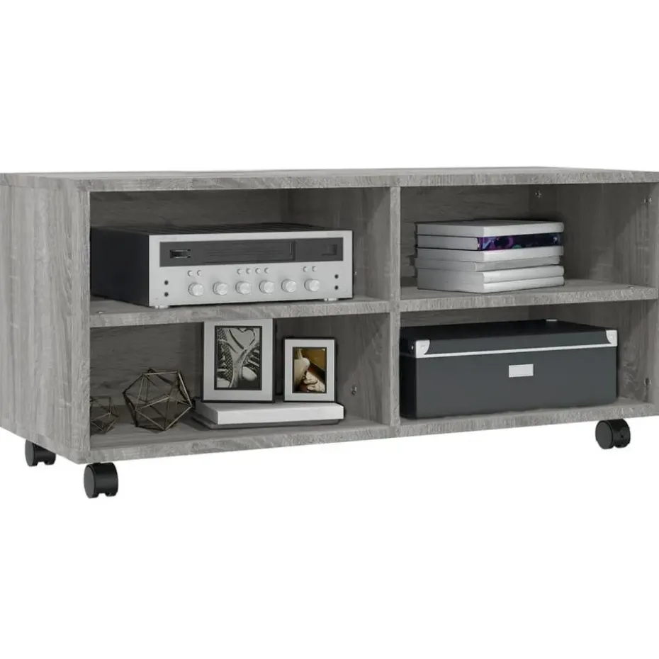 vidaXL - TV-meubel met wieltjes en 4 vakken - Grijs - Bewerkt hout - 90 cm