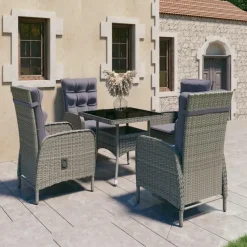 vidaXL - Verstelbaar Tuinset met grijs kussens - Poly rattan en glas - 5 stuks