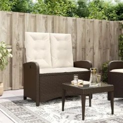 vidaXL - Verstelbare loungebank met crème kussens - Bruin rattan - 105x59x93 cm
