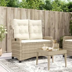 vidaXL - Verstelbare loungebank met crème kussens - Beige rattan - 105x66x93 cm