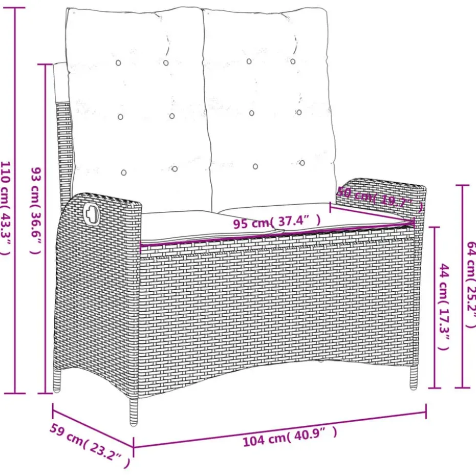vidaXL - Verstelbare loungebank met crème kussens - Bruin rattan - 104x59x93 cm