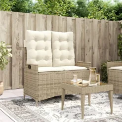vidaXL - Verstelbare loungebank met crème kussens - Beige rattan - 104x59x93 cm