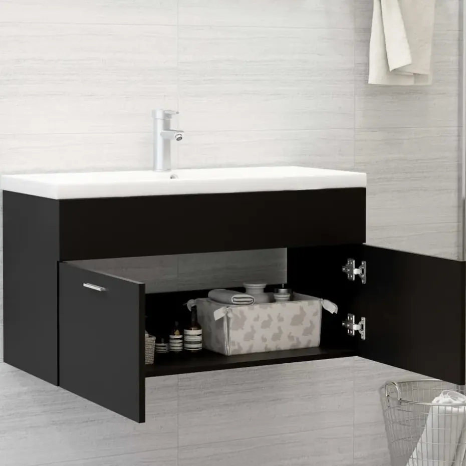 vidaXL - Wastafelkast - Zwart - Bewerkt hout - 90 x 38.5 x 46 cm