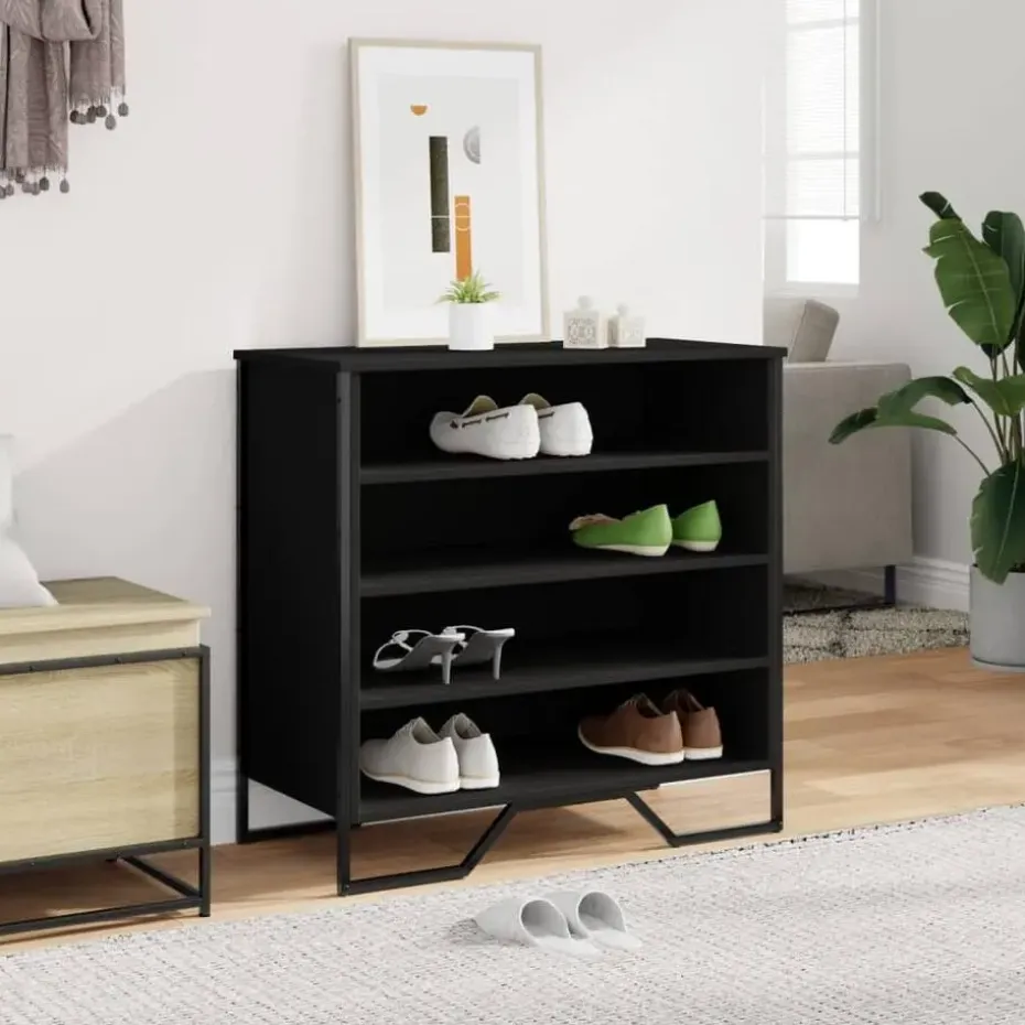 vidaXL - Zwart Schoenenkast met 4 vakken - Bewerkt hout en metaal - 80x38x78 cm