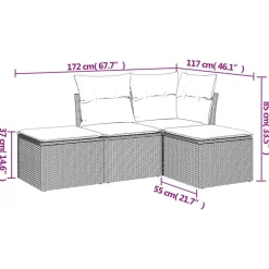 vidaXL 4-delige Loungeset met kussens - 4 personen - Grijs - Poly rattan