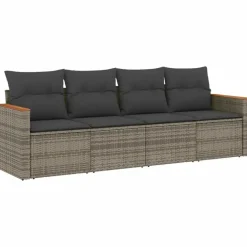 vidaXL 4-delige Loungeset met kussens en hout armsteun - Grijs - Poly rattan