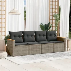 vidaXL 4-delige Loungeset met kussens en hout armsteun - Grijs - Poly rattan