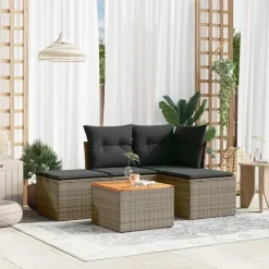 vidaXL 5-delige Loungeset met kussens & salontafel - Grijs - Poly rattan