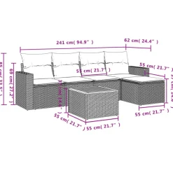 vidaXL 6-delige Loungeset met kussens en salontafel - Grijs - Poly rattan