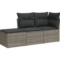 vidaXL 3-delige Loungeset met kussens - 3 personen - Grijs - Poly Rattan