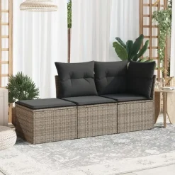 vidaXL 3-delige Loungeset met kussens - 3 personen - Grijs - Poly Rattan