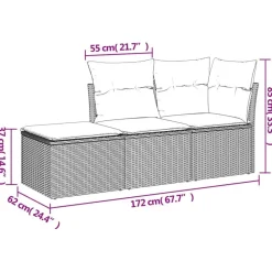 vidaXL 3-delige Loungeset met kussens - 3 personen - Grijs - Poly Rattan