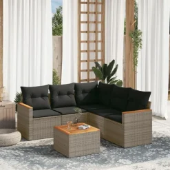 vidaXL 6-delige Loungeset voor 5 met kussens en salontafel - Grijs - Poly rattan