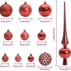 vidaXL Kerstballen met 150 LED - 61-delig - Ø3/4/6 cm - Rood - Kunststof - Mix