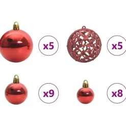 vidaXL Kerstballen met 150 LED - 61-delig - Ø3/4/6 cm - Rood - Kunststof - Mix