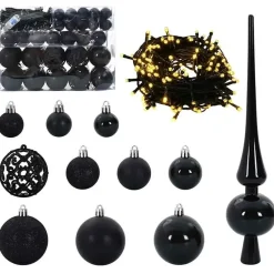 vidaXL Kerstballen set met 150 LED - 61x - Ø3/4/6 cm - Zwart - Kunststof - Mix