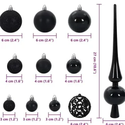 vidaXL Kerstballen set met 150 LED - 61x - Ø3/4/6 cm - Zwart - Kunststof - Mix