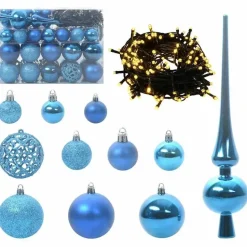 vidaXL Kerstballen set met 150 LED - 61x - Ø3/4/6 cm - Blauw - Kunststof - Mix