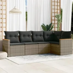 vidaXL Loungbank voor 5 met kussens en armsteun - Grijs - Poly rattan