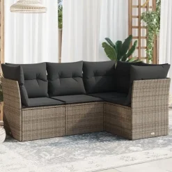 vidaXL Loungeset met 7 kussens voor 4 personen - Grijs - Poly Rattan - 4 stuks