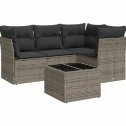 vidaXL Loungeset met 7 kussens en tuintafel - Grijs - Poly Rattan - 5 stuks