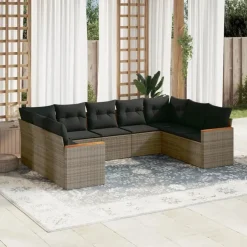 vidaXL Loungeset met 11 kussens en hout armsteun - Grijs - 10 stuks