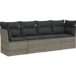 vidaXL Loungeset met kussens - set van 4 - Grijs - Poly Rattan - 234x62x69 cm
