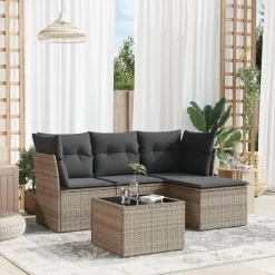 vidaXL Loungeset met kussens & tuintafel - Grijs - Poly Rattan - 5 stuks