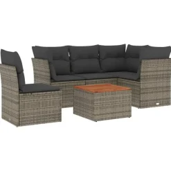 vidaXL Loungeset met kussens & hout salontafel - Grijs - Poly rattan - 6 stuks