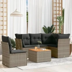vidaXL Loungeset met kussens & hout salontafel - Grijs - Poly rattan - 6 stuks