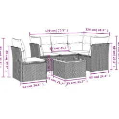 vidaXL Loungeset met kussens & hout salontafel - Grijs - Poly rattan - 6 stuks