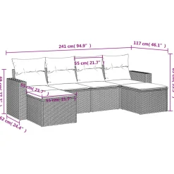 vidaXL Loungeset met kussens en 2 krukken - Grijs - Poly rattan - 6 stuks