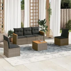 vidaXL Loungeset voor 5 met kussens en salontafel - Grijs - Poly rattan