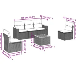 vidaXL Loungeset voor 5 met kussens en salontafel - Grijs - Poly rattan