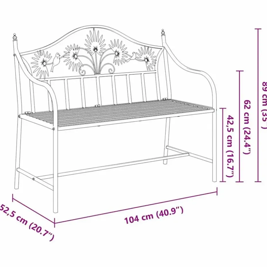 vidaXL Tuinbank met vogels en bloemen ontwerp -Zwart - Staal - 104x52.5x89 cm