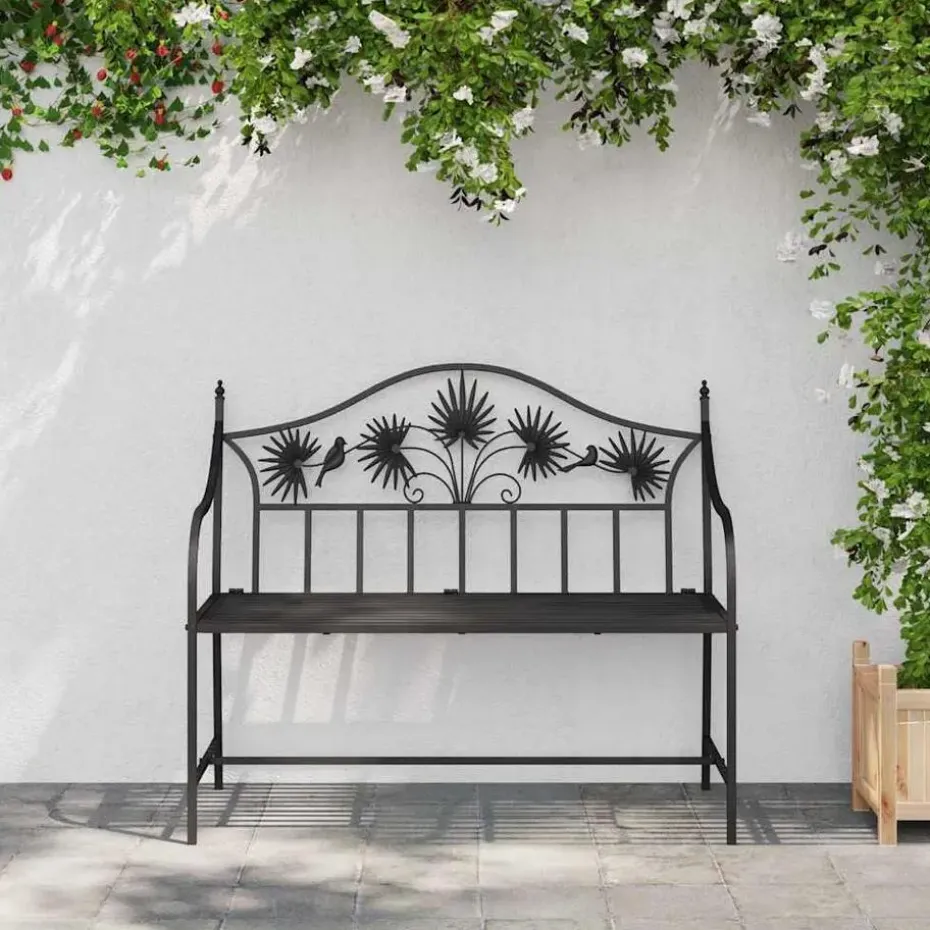 vidaXL Tuinbank met vogels en bloemen ontwerp -Zwart - Staal - 104x52.5x89 cm